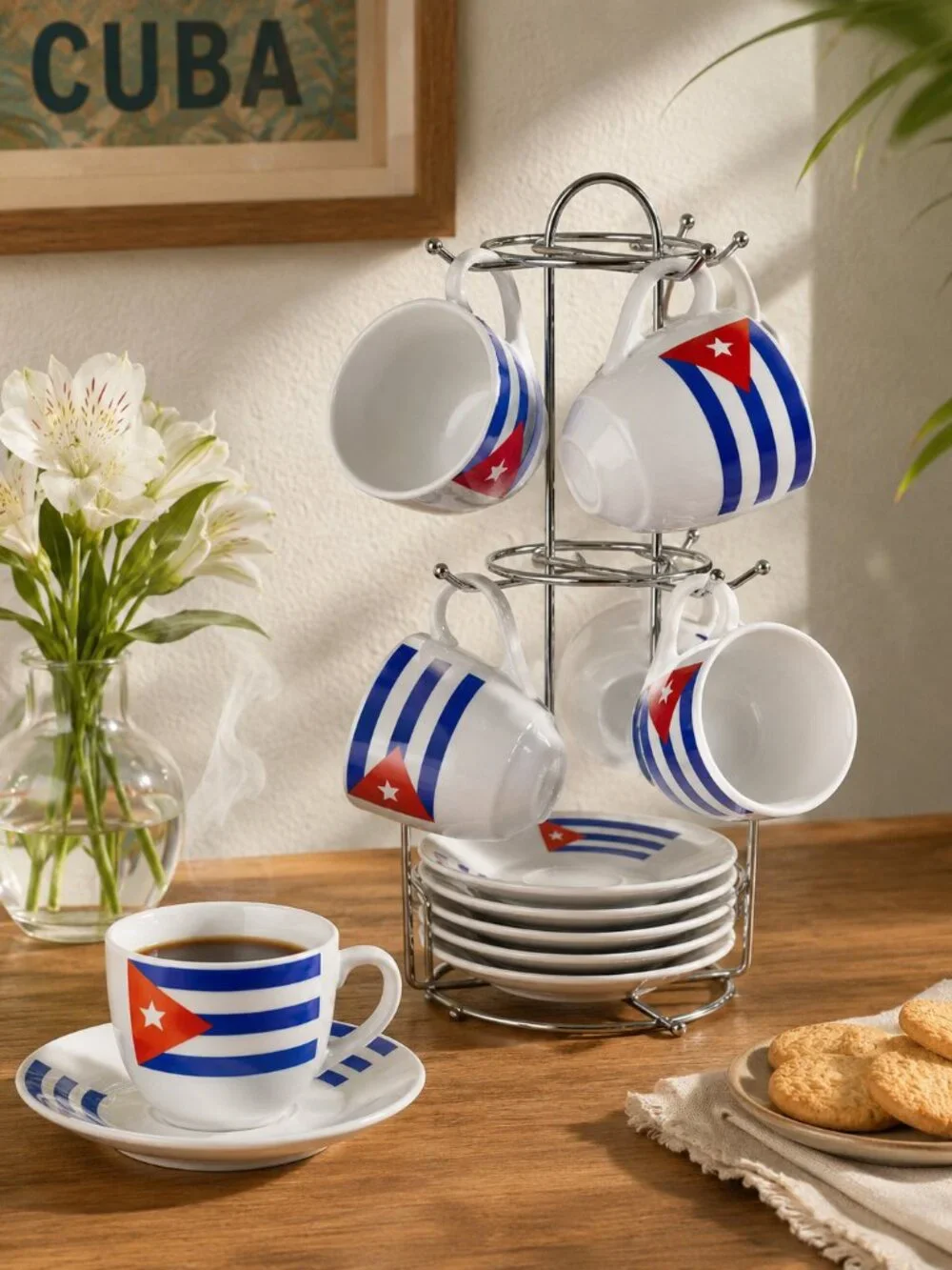 Cubancraft Cuba Flag Espresso Cup Saucer Set 6 Cups Metal Display New Ceramic